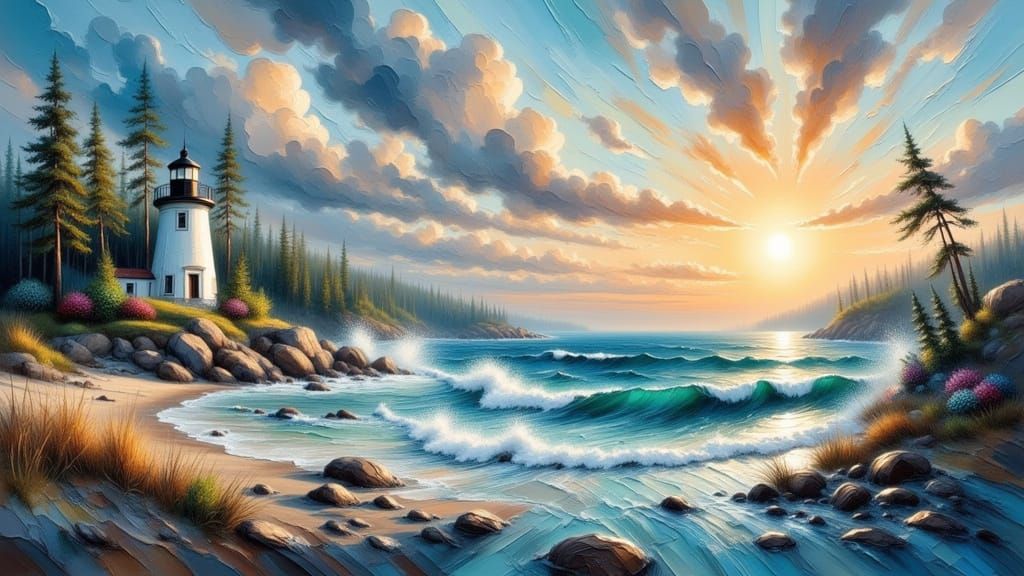 Dramatic Lighthouse Island as Impasto Oil Painting