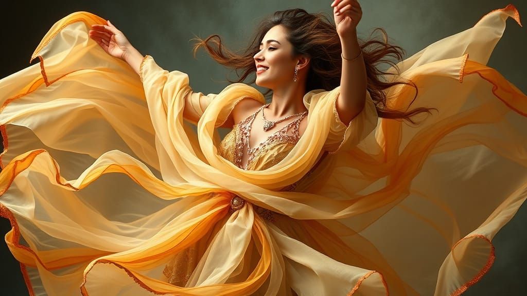 a 25-year-old beautiful woman wearing an elegant Kajira silks flowing, beaded, and intricately accented silk garment, wi...