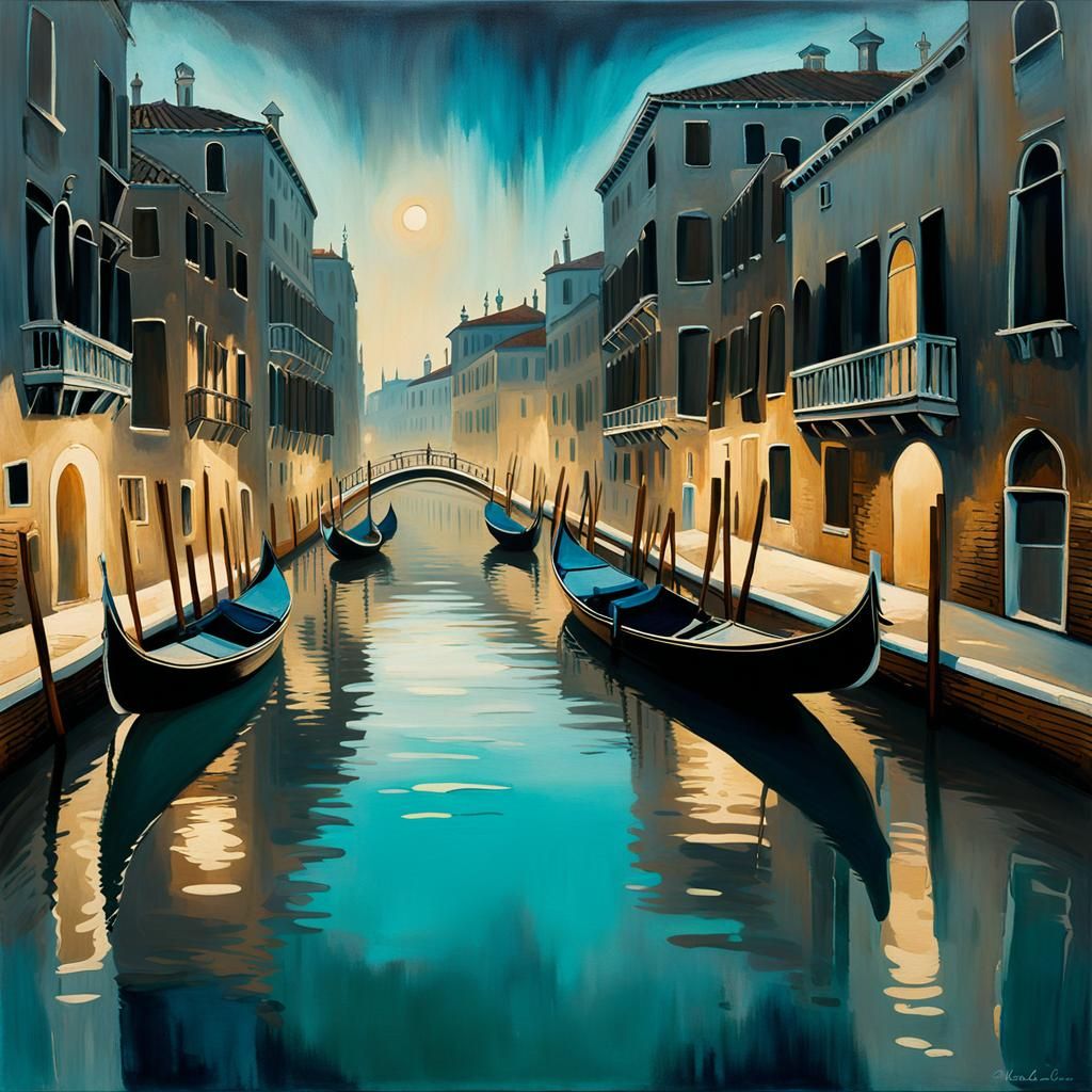 Surrealistic Venice Canals in Expressionist Style