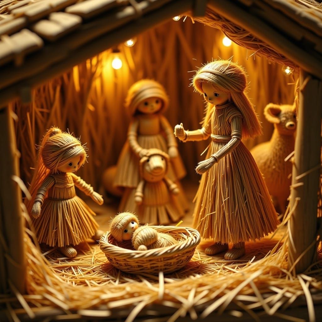 Traditional Straw Nativity Scene in Dreamy, Ethereal Light