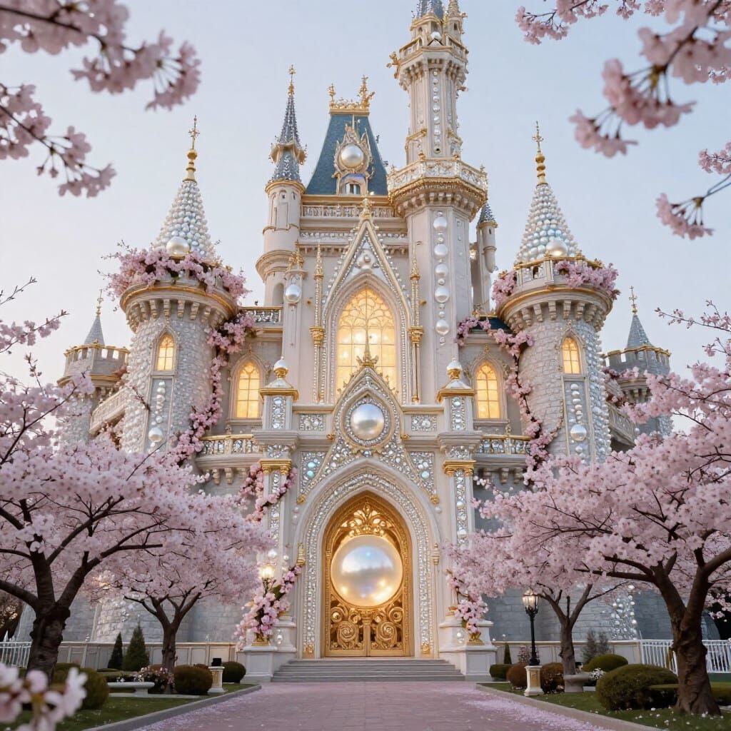 Ethereal Pearl Castle with Cherry Blossoms