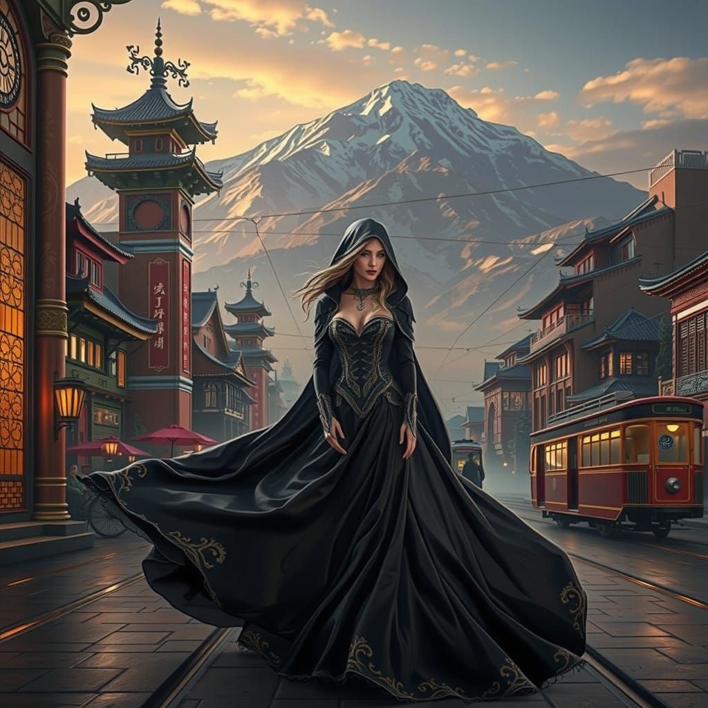Elegant Thief in Retro-Futuristic Lhasa Cityscape