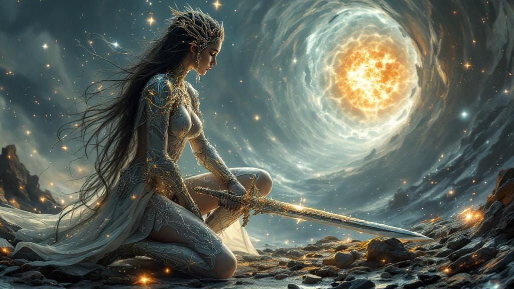Warrior Princess at Dying Star in Surreal Style