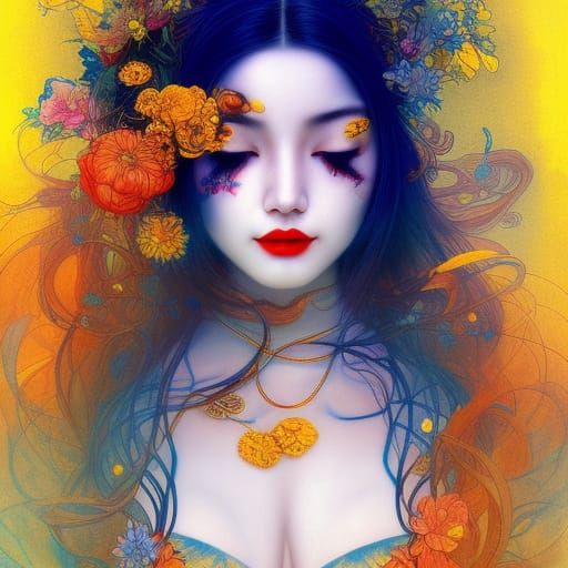 Asian Witch with Dark Hair in Hyperdetailed Style