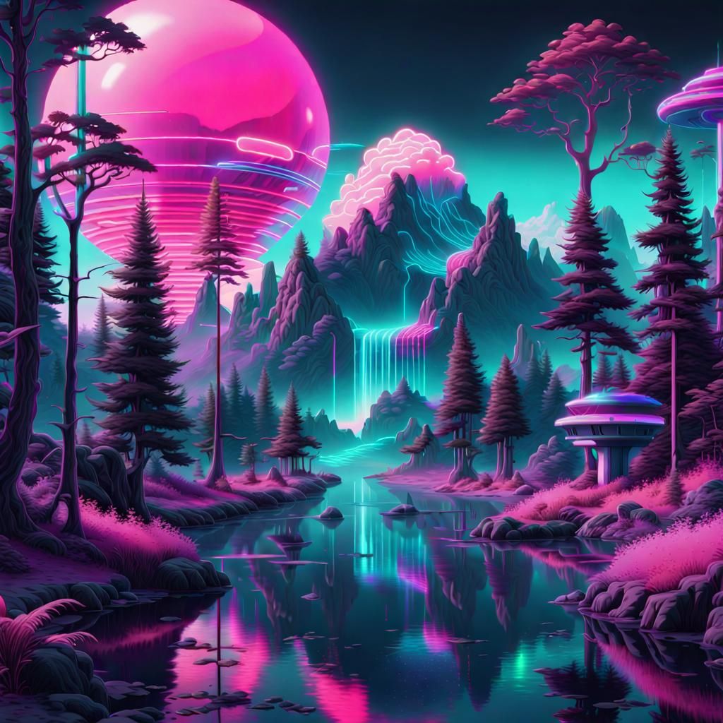Vivid Surreal Vaporwave Landscape with Neon Lights