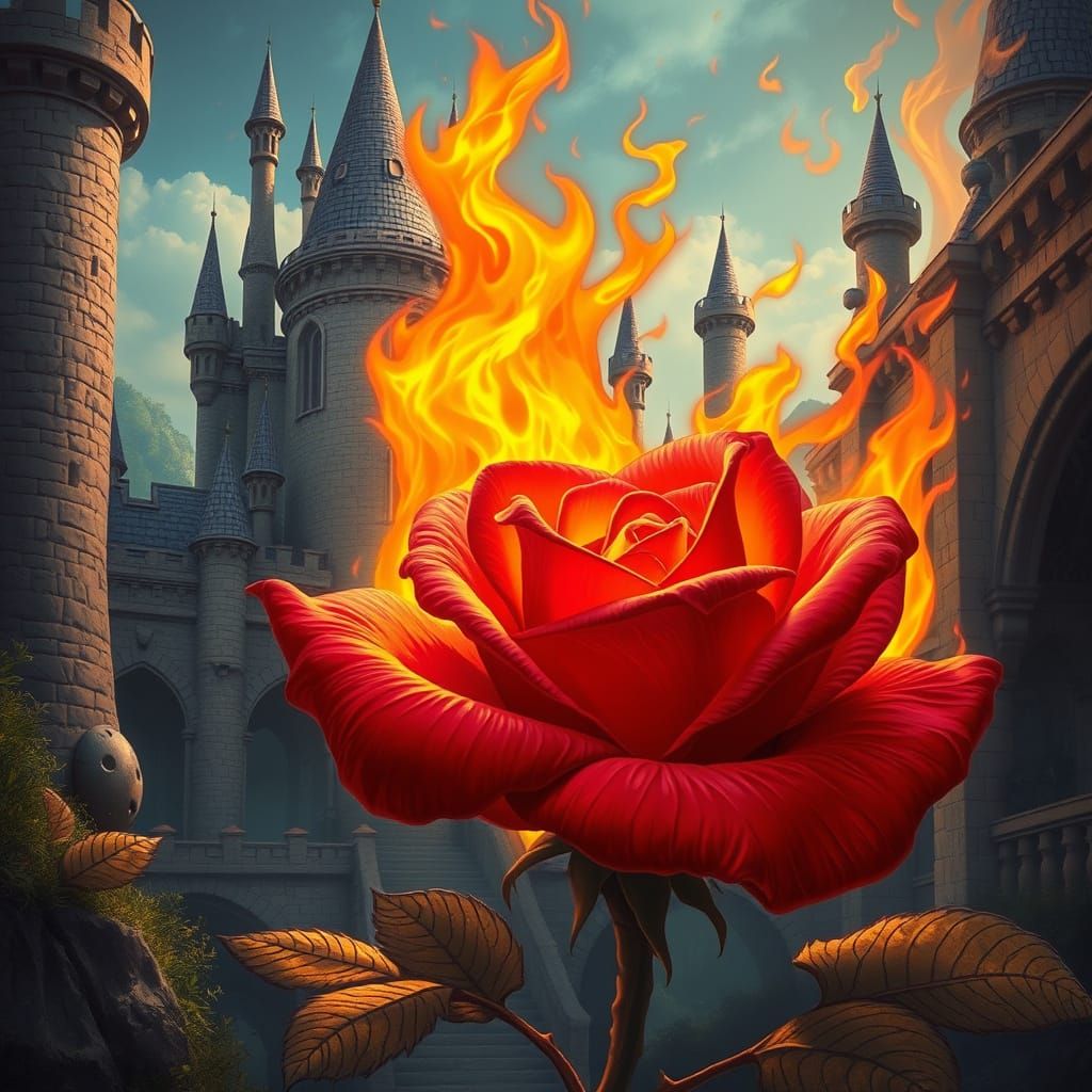 Flaming Rose Against Majestic Castle, Whimsical Digital Art