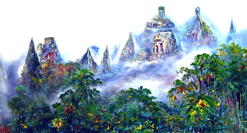 Ethereal Misty Mountain Landscape with Mayan Temple