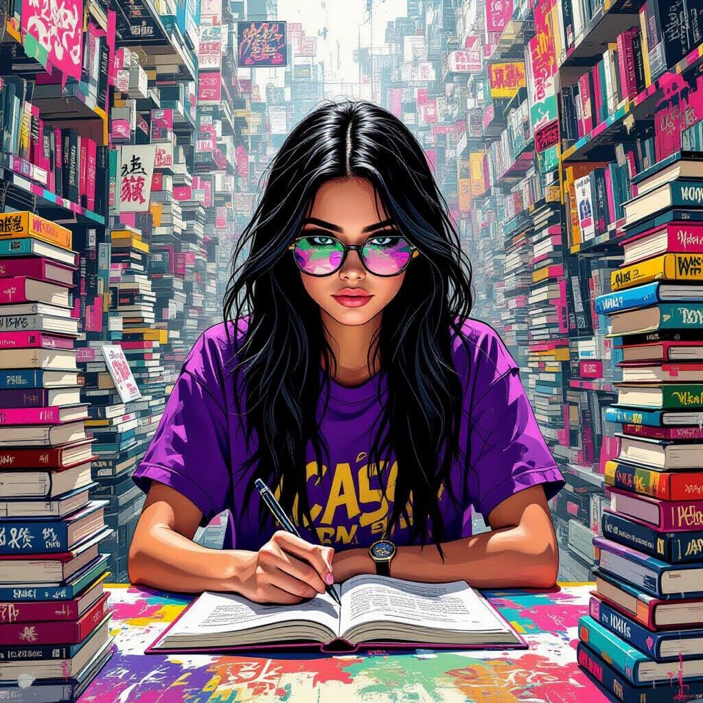 Girl Studying Amidst Books in Vibrant Graffiti Art Style