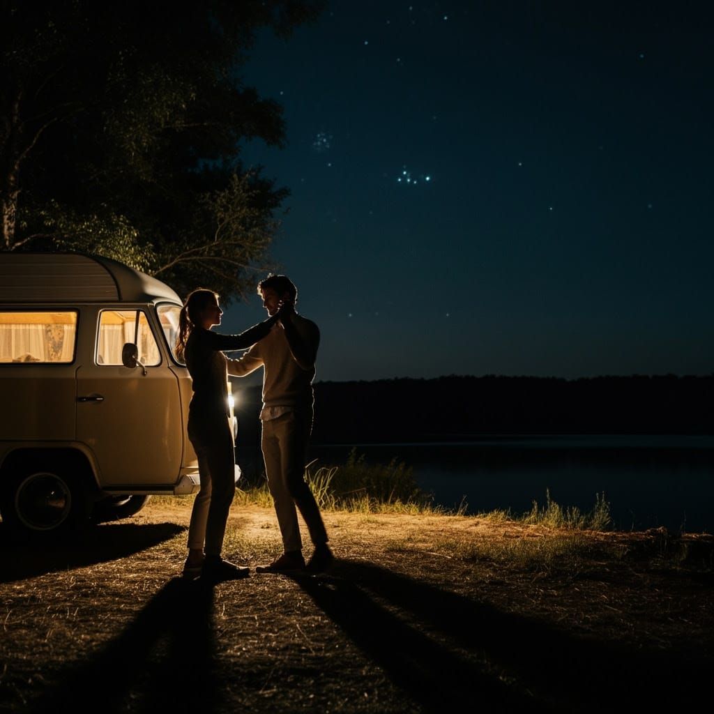 Young Couple Dancing Under Starry Night Sky with Moonlit Cam...
