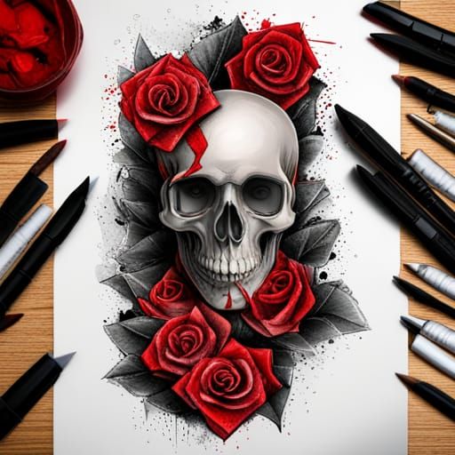 Trash Polka Skull Tattoo with Roses in 5D