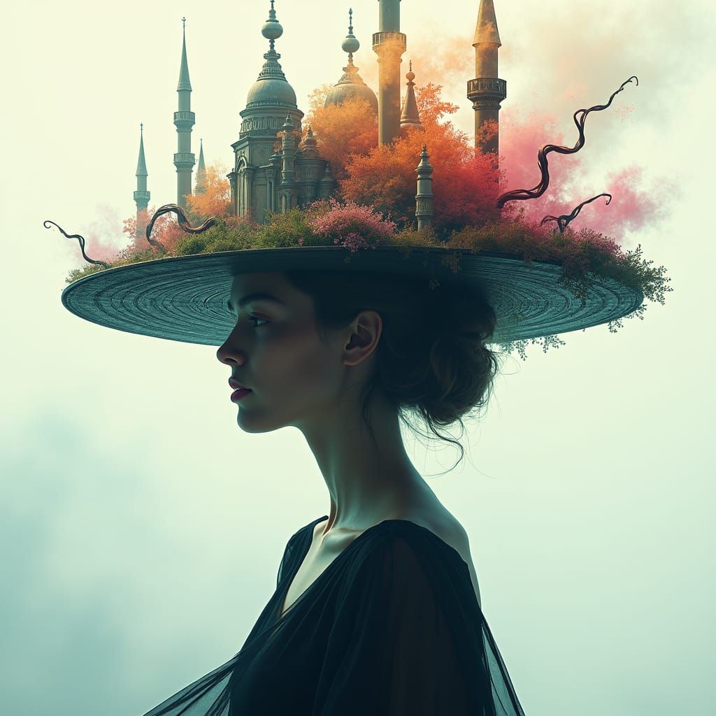 Mystical Woman's Hat Holds Dreamy Kingdom