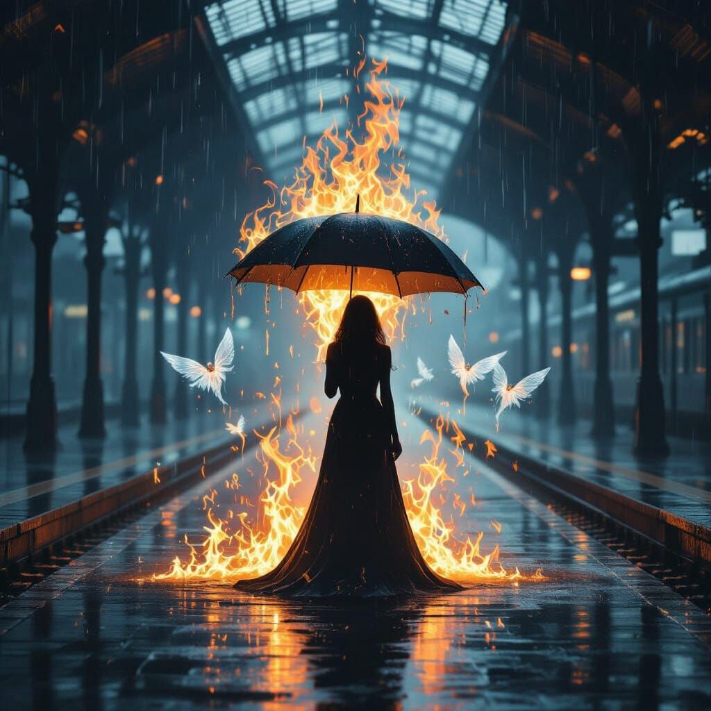 Woman With Flaming Umbrella and Ethereal Creatures in Surrea...