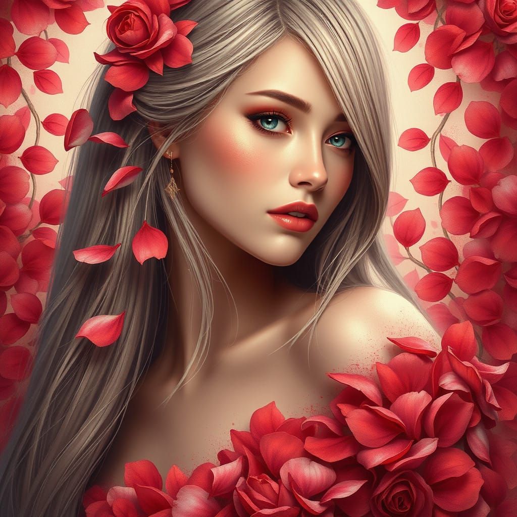 Ethereal Rose Goddess in Velvet Rose-Petal Dress