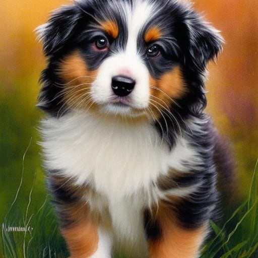 Cute Australian Shepherd Puppy in Watercolor Style