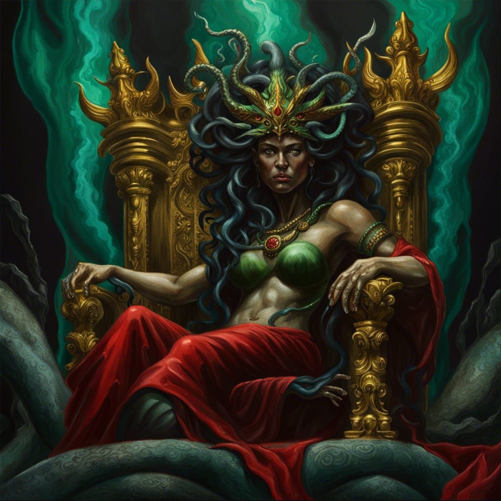 Medusa with Flaming Trident on Golden Throne