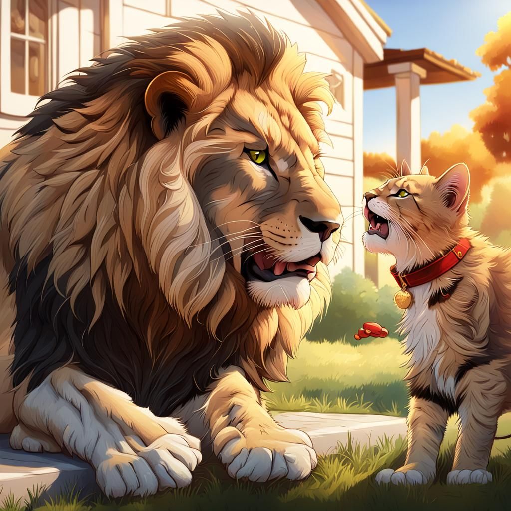 Lion Licking Cat: Hyper-Realistic Concept Art