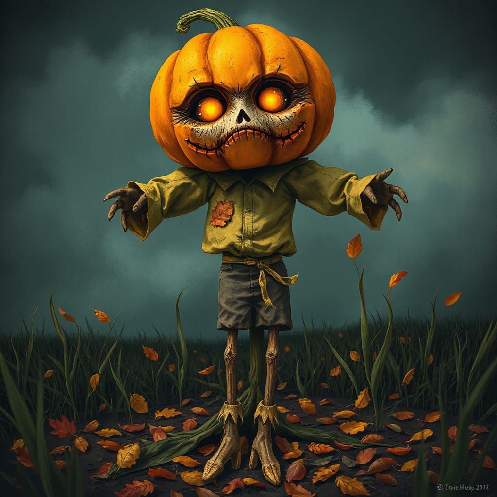 Eerie Pumpkin Scarecrow in Dark Autumn Field