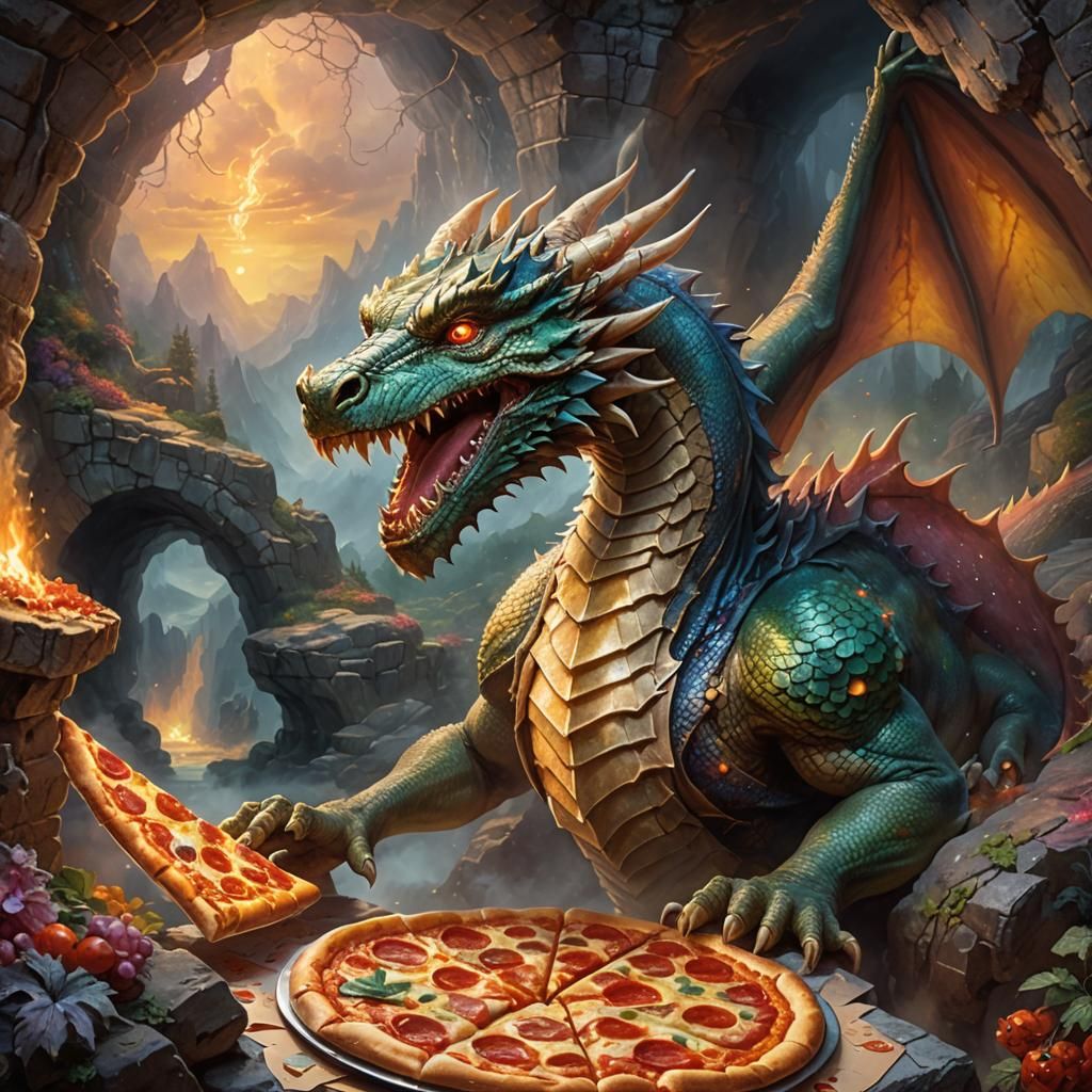 Dragon's Pizza Feast: A Fantasy Art Masterpiece