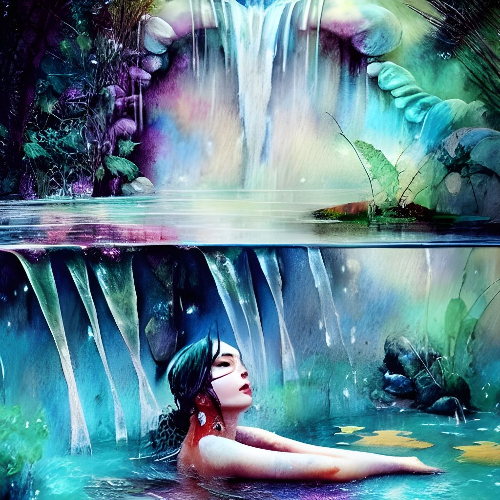 Cosmic Goddess Bathes in Waterfall: Mixed Media