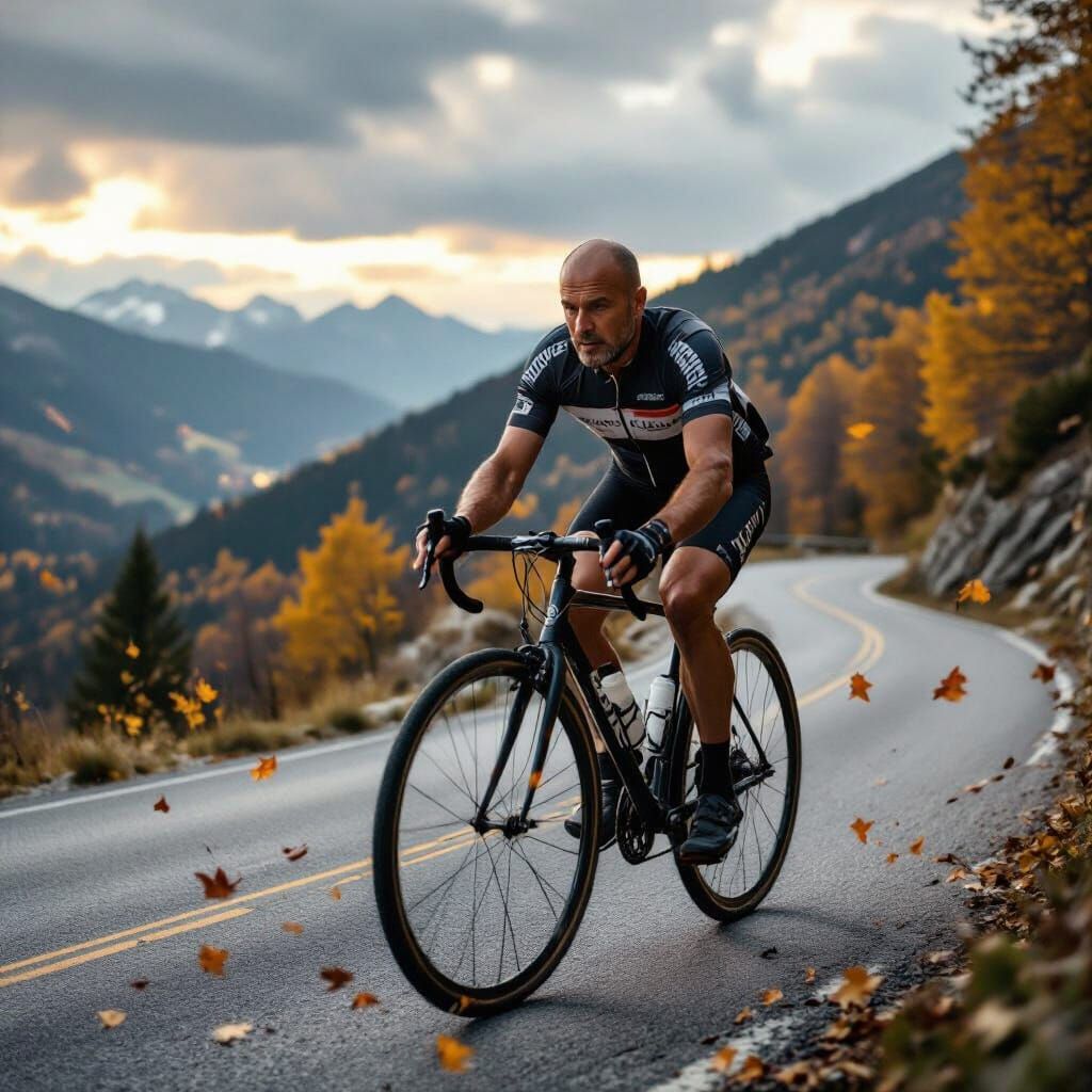 Cyclist Climbs Mountain Road in Autumnal Landscape