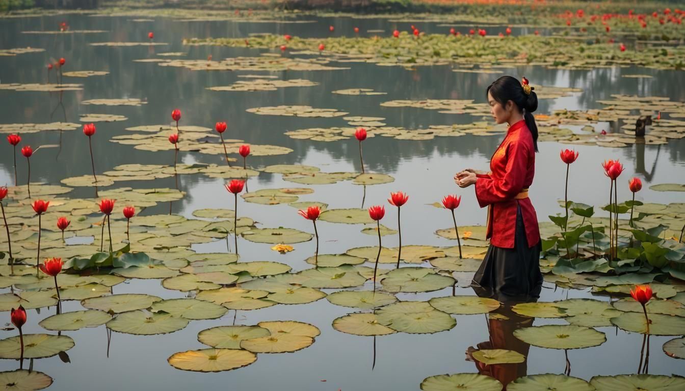 Vietnamese Woman on Hồ Tây Lake in Traditional Art Style