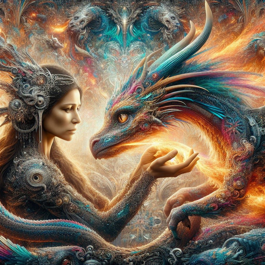 Hispanic Woman's Maternal Love for Dragon Pet