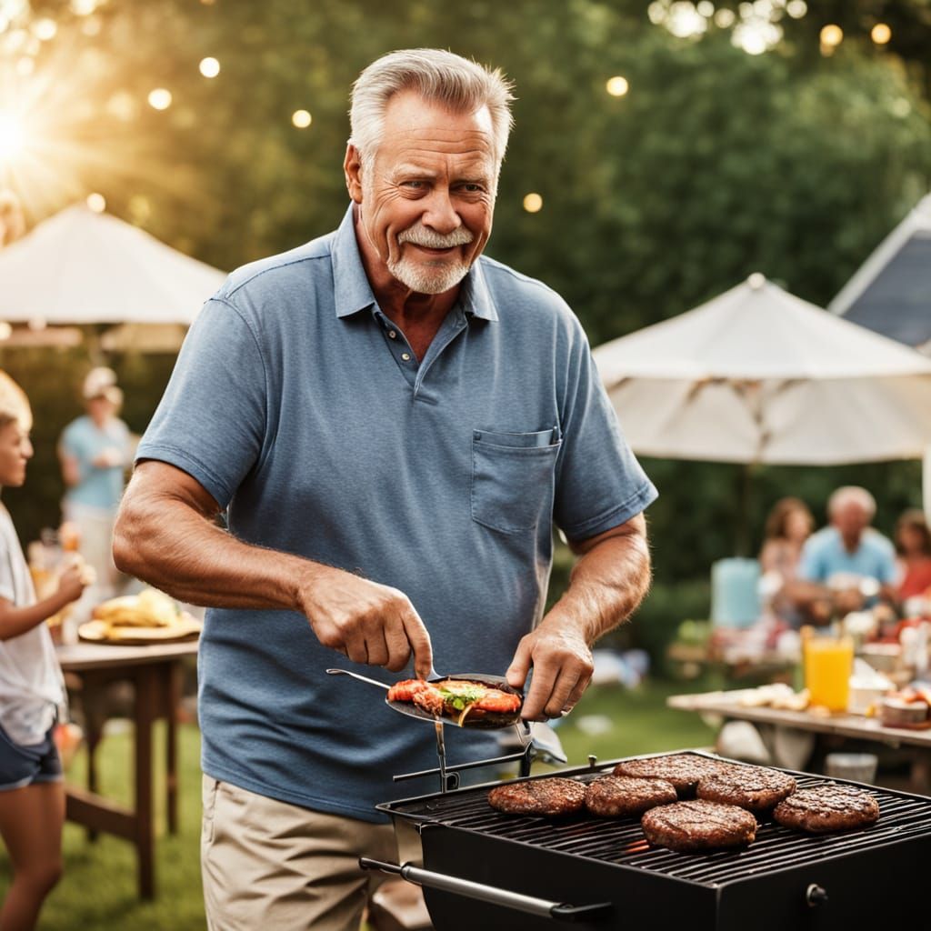 Boomer Dad Grilling Burgers in Photorealistic Style