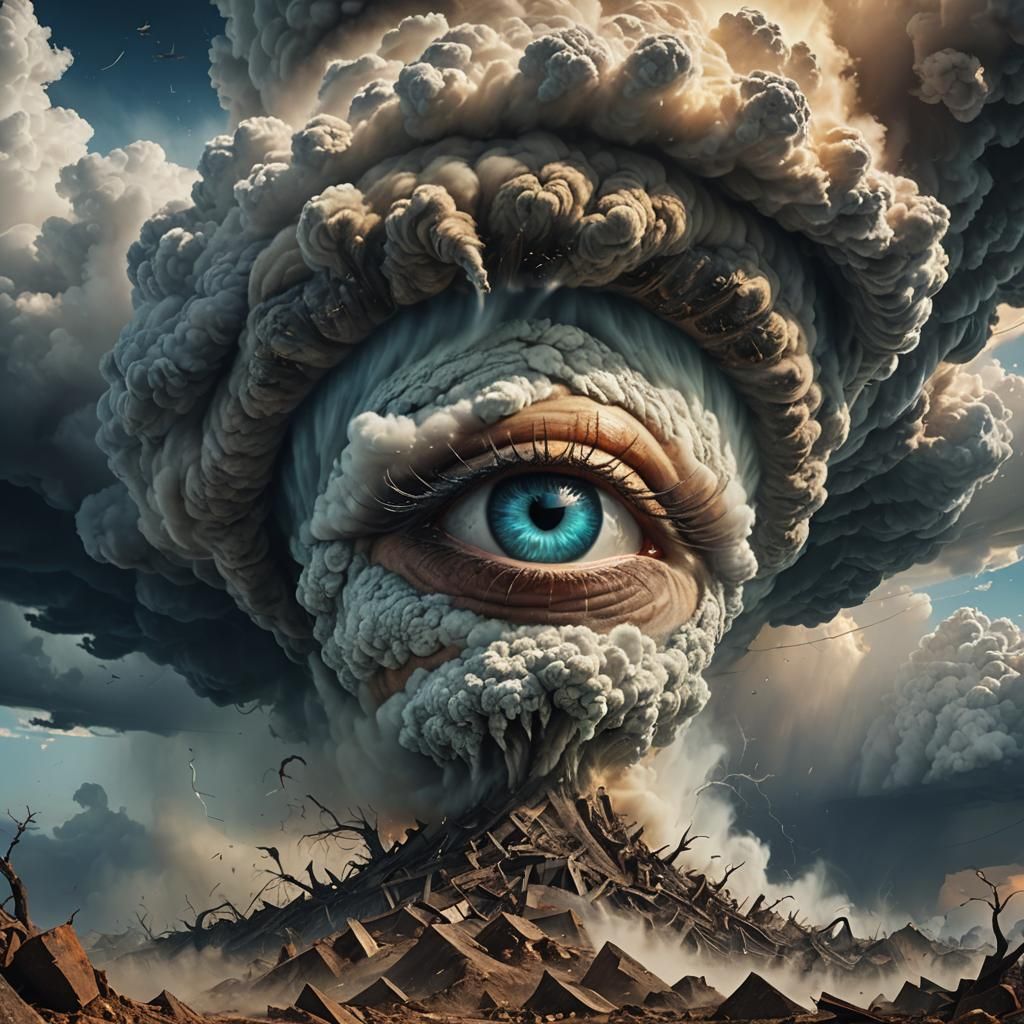 Iridescent Eye Above Ferocious Tornado in 3D Render