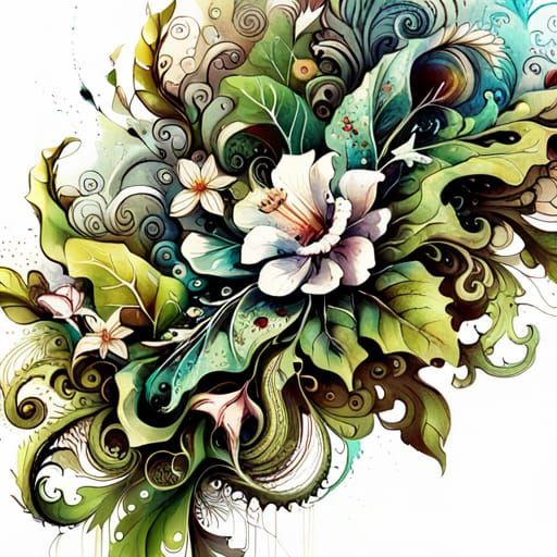 Hyperrealistic Vines with White Flowers in Splash Art