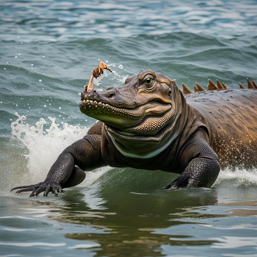 Happy Komodo Dragon Surfing a Wave