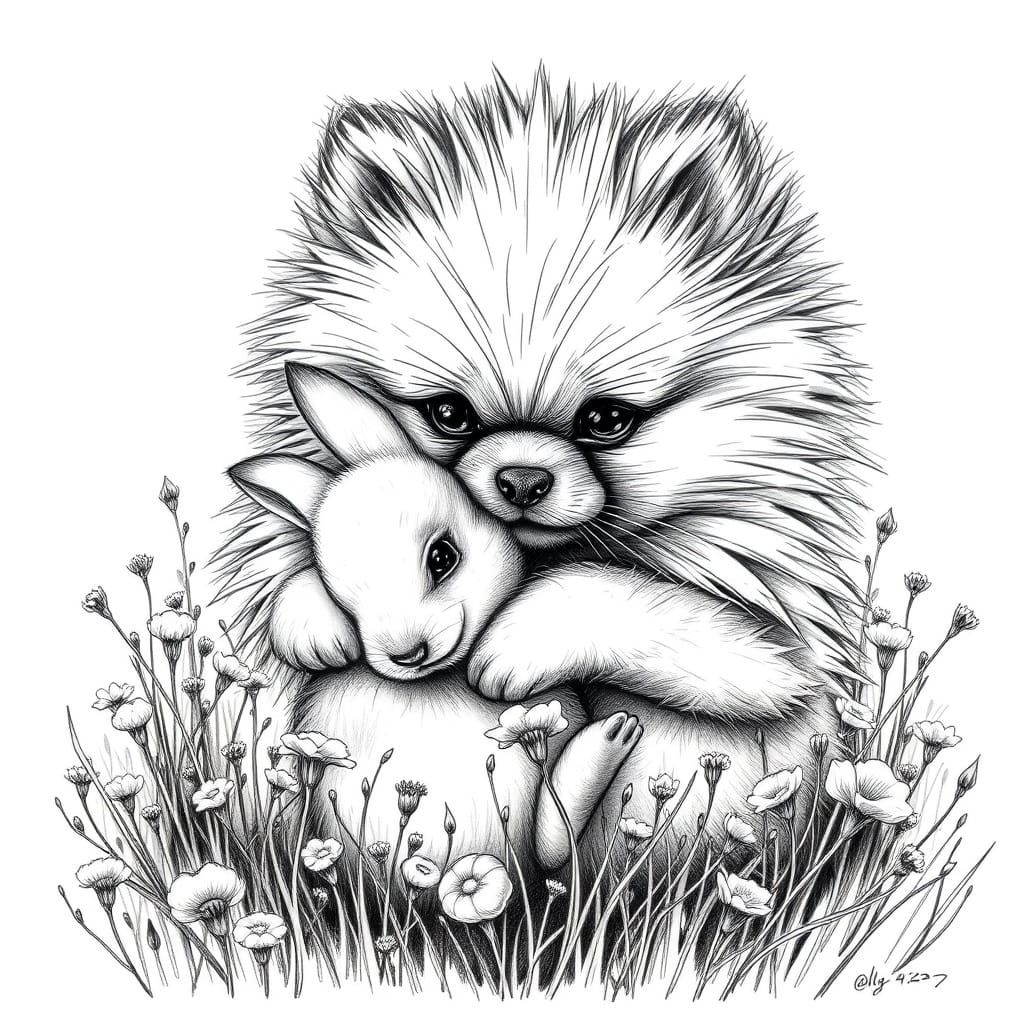 Fluffy Pomeranian Puppy Hugs Rabbit in Detailed Pencil Sketc...