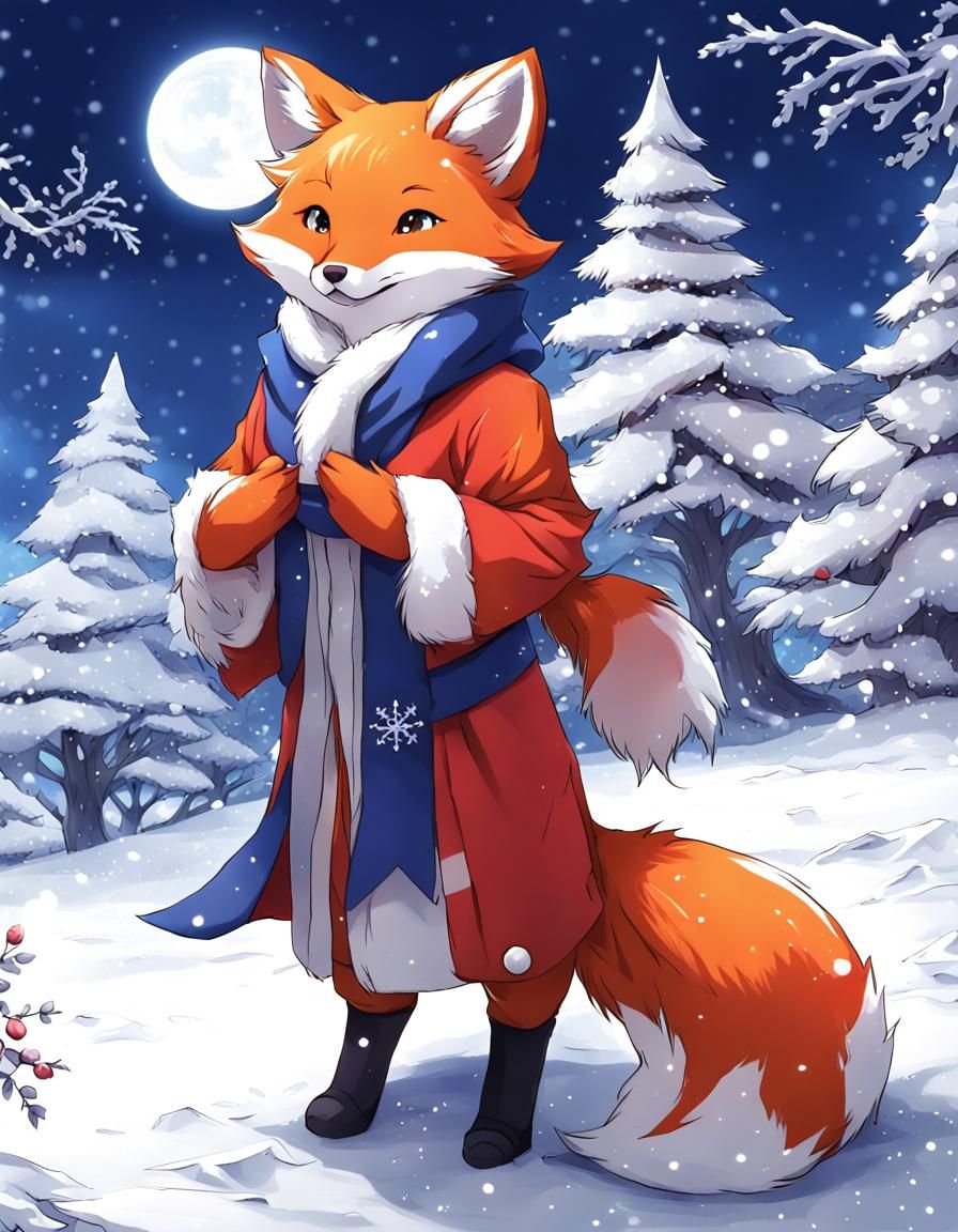 Christmas Snow Fox in Anime Style