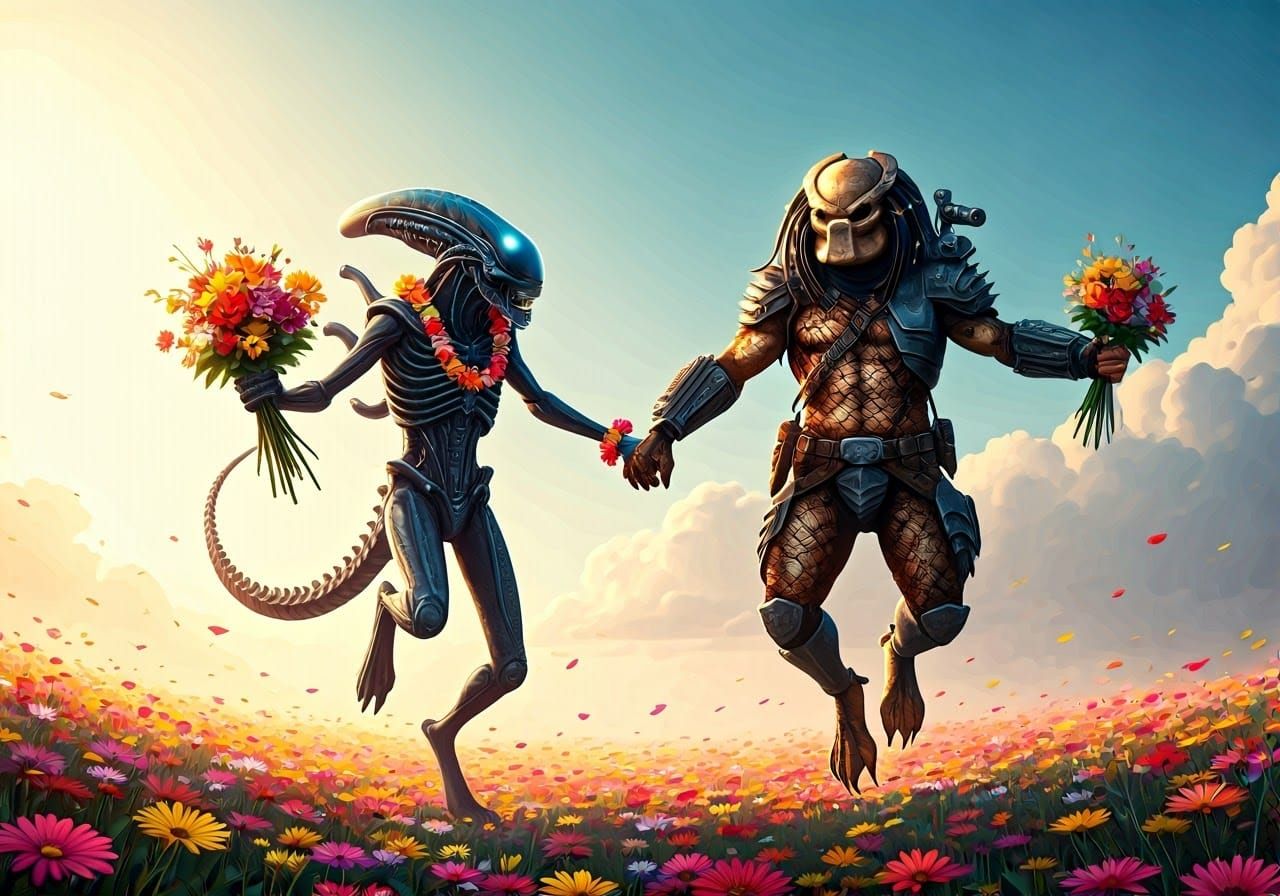 Alien and Predator Share a Joyful Moment in a Vibrant Floral...