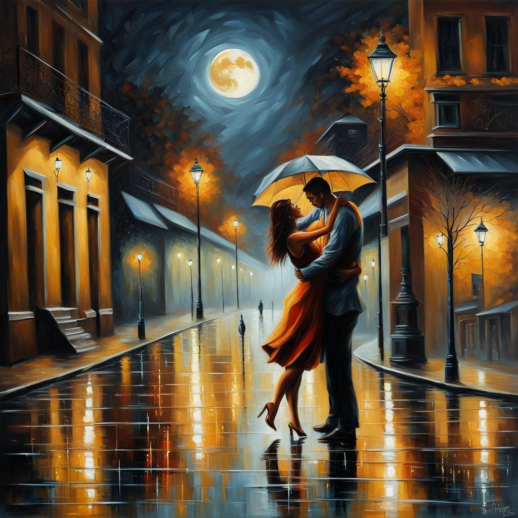 Romantic Couple Dancing in Moonlight: Oil Painting