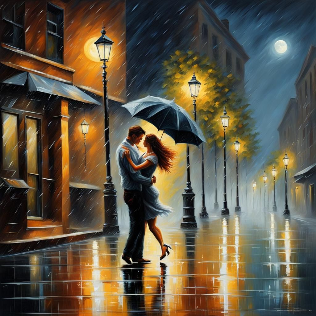 Romantic Couple Dancing in Moonlight, Oil Painting