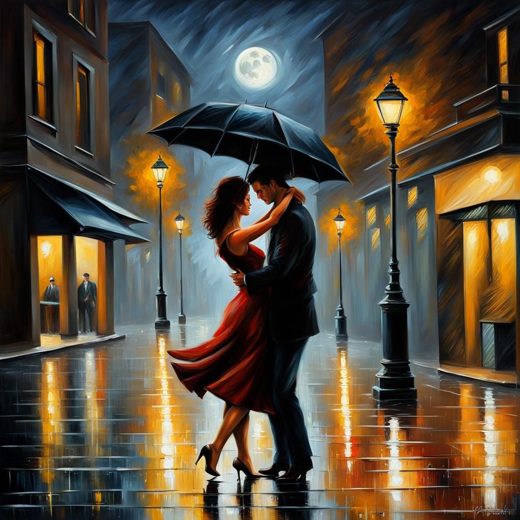 Romantic Couple Dancing in the Moonlight, Oil Painting