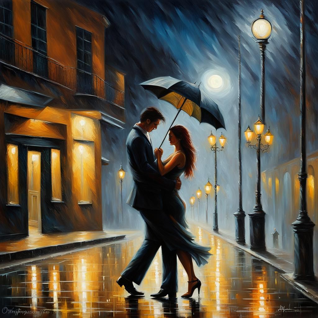 Romantic Couple Dancing in Rain, Oil Painting