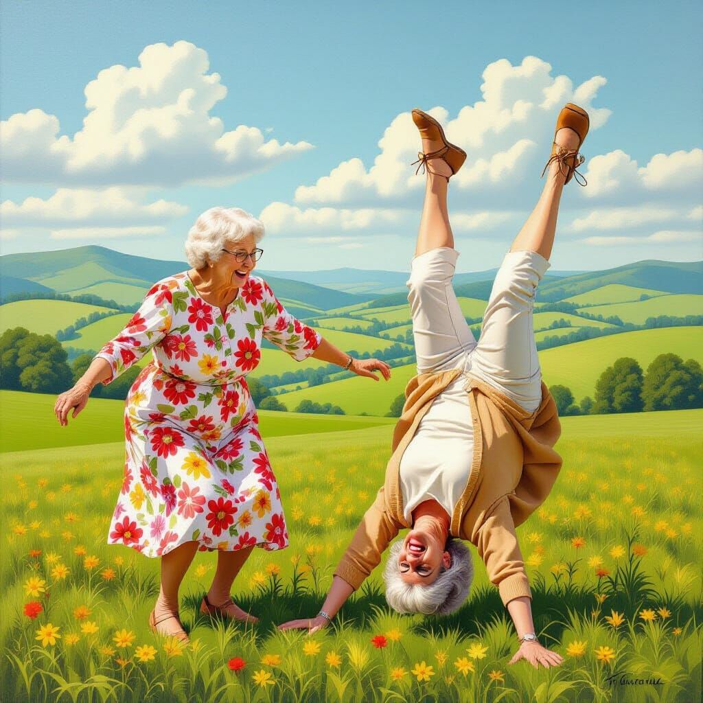Elderly Women's Joyful Hyperrealistic Cartwheel in Sunny Fie...