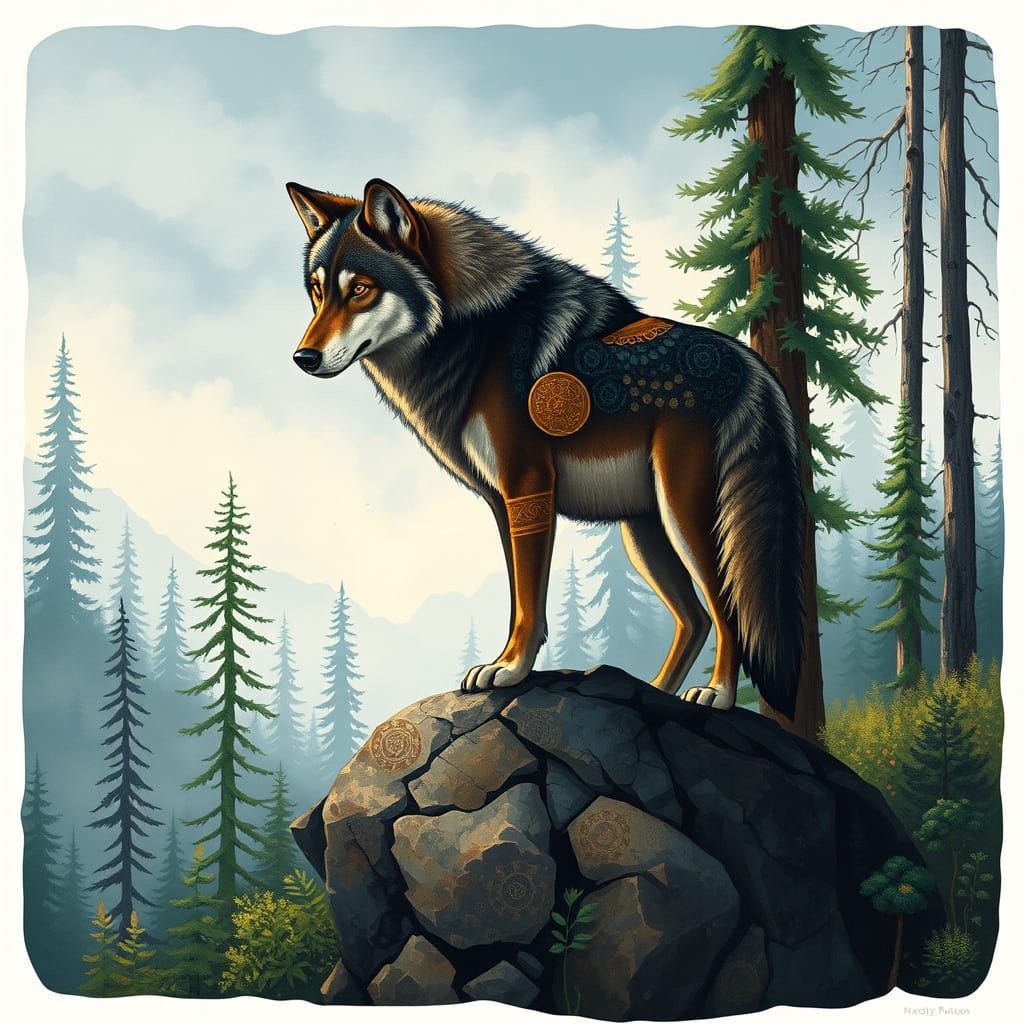 Majestic Wolf in Mystical Woodland, Blending Earthy Tones wi...