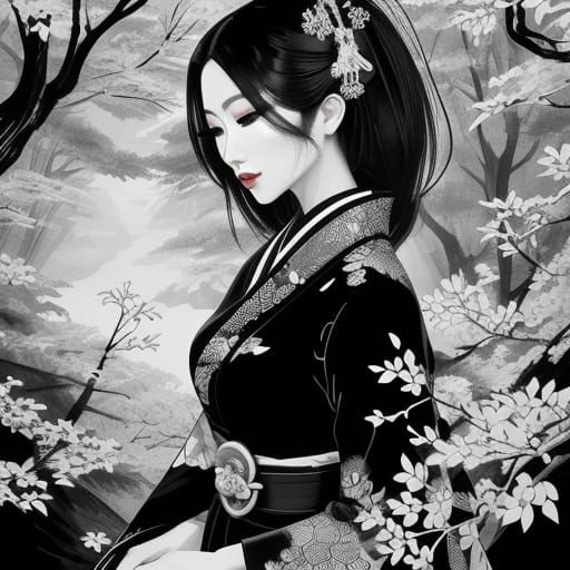 Geisha Portrait in Sumi-e Ink Style