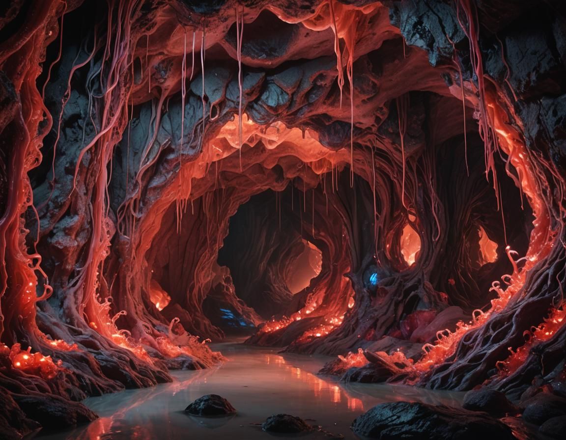 Bioluminescent Organic Cavern: Eerie Red Digital Art