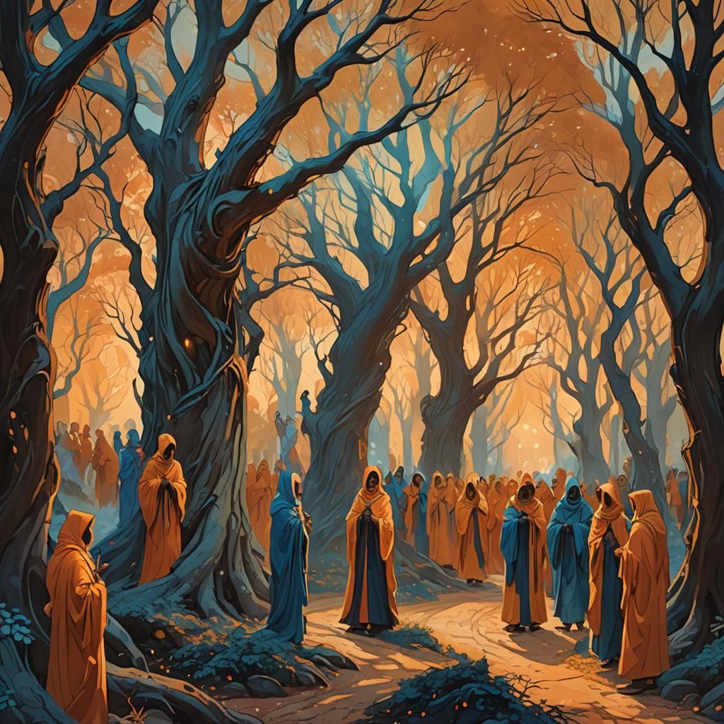 Fantasy Robed Figures Procession Under Golden Sky