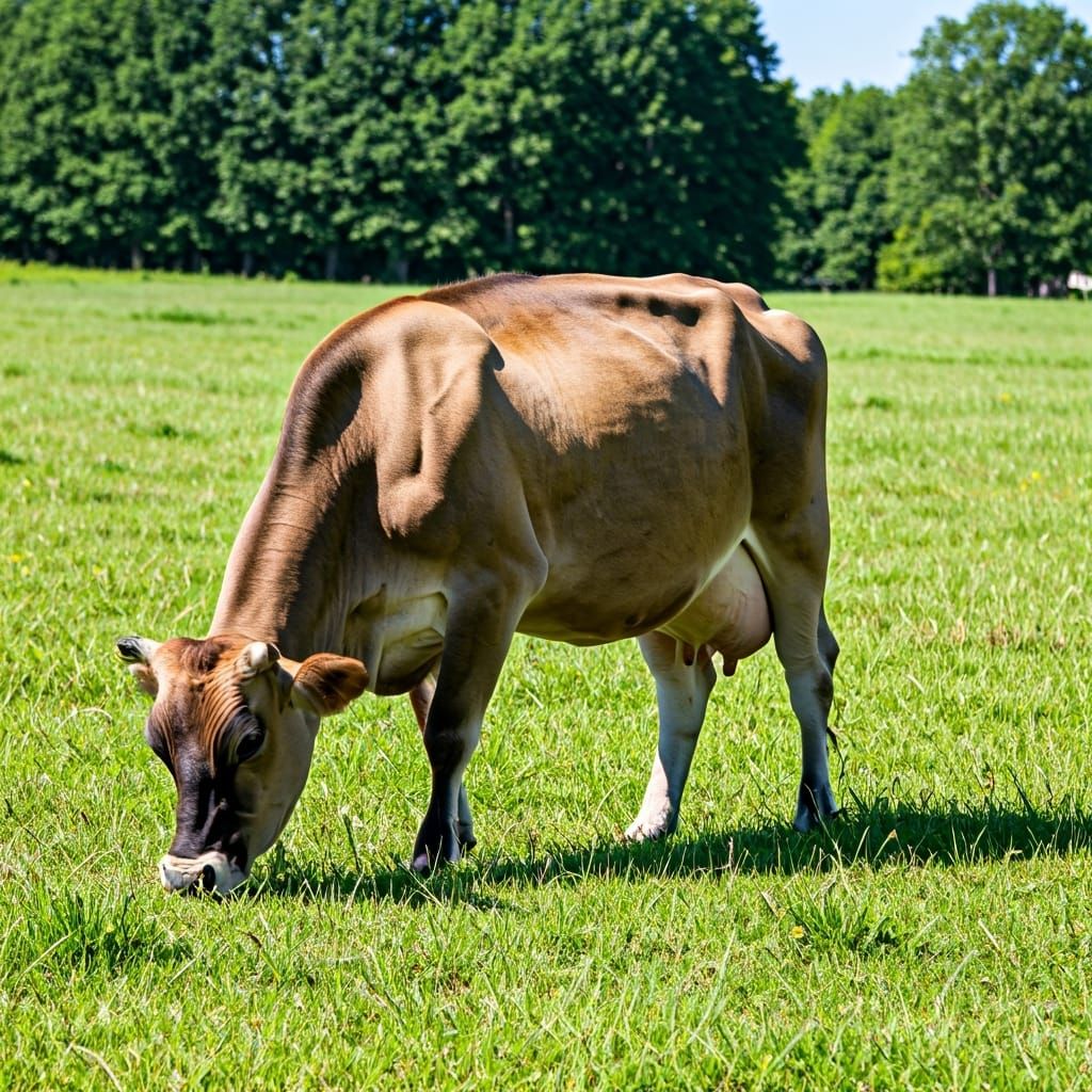 Cow Grazing on Green Pasture