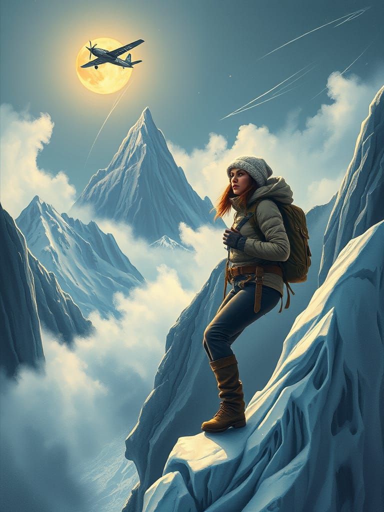 A Lone Mountaineer Ascends Icy Peaks in Moonlit Solitude