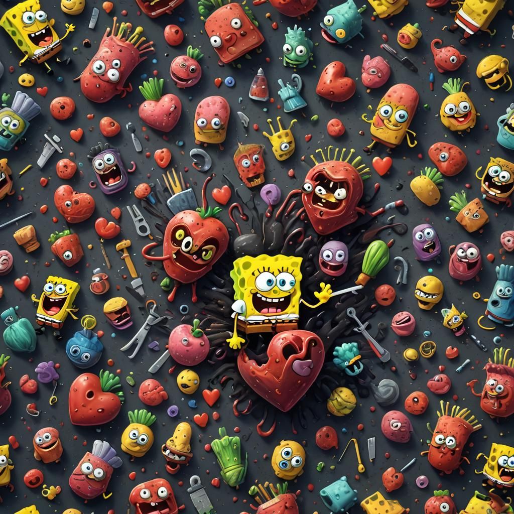 Disturbing SpongeBob Heart Stab in Matte Painting Style