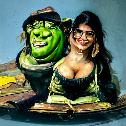 Shrek and Mia Khalifa in Oil Painting Style