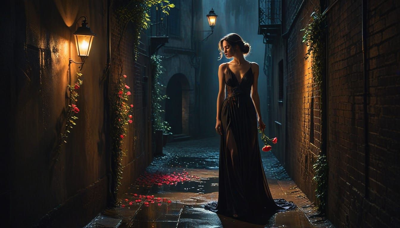 Elegant Woman in Dark Alleyway Holding Wilting Rose
