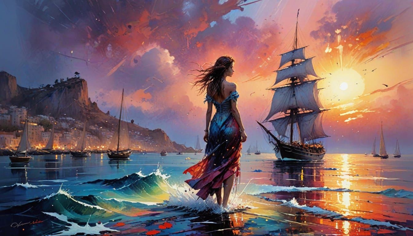 Vibrant Sunset Landscape in Whimsical Watercolor Style