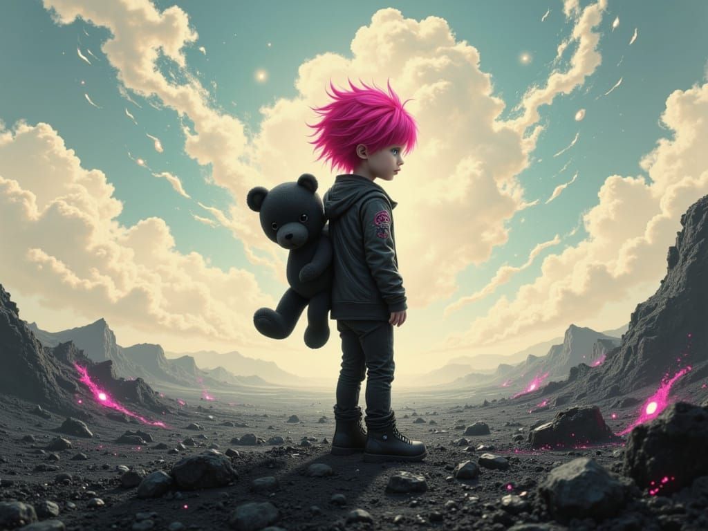 Emo Child and Teddy Bear on Ash Plain