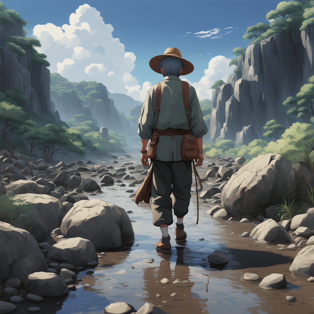 A Weathered Geologist in a Somber Riverbed Landscape